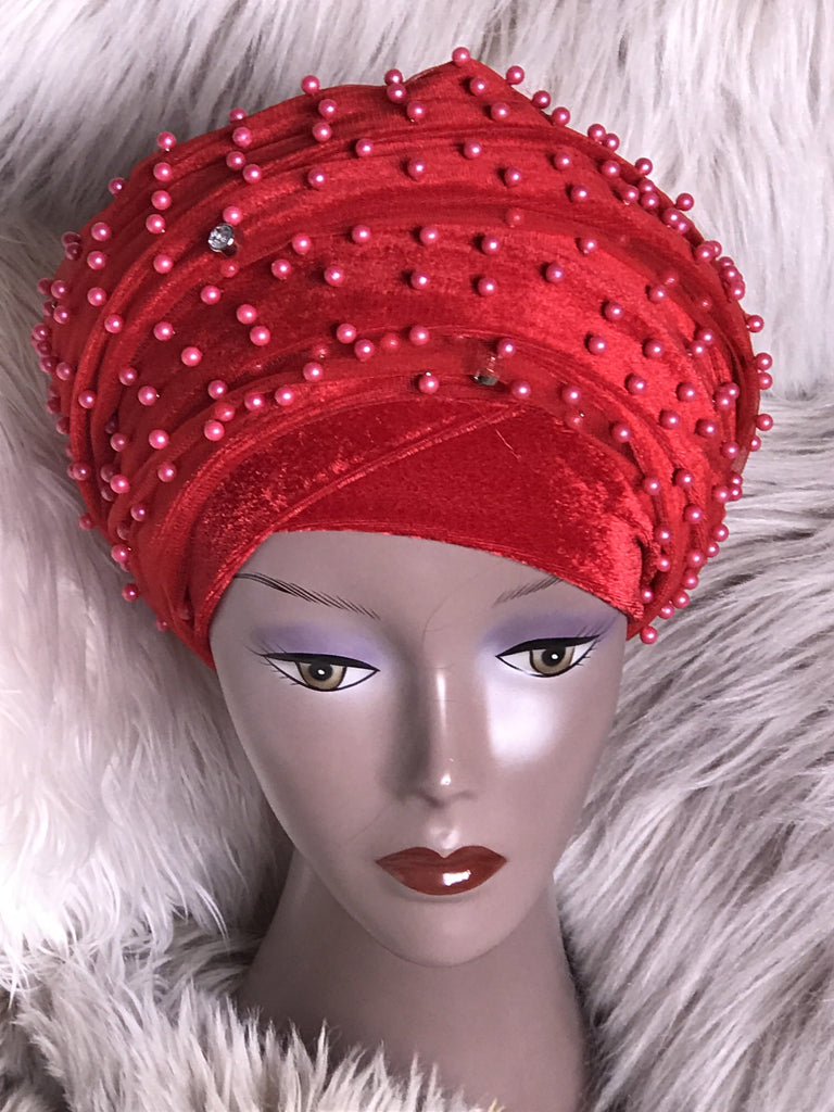 Red Beaded Mesh Velvet Head wrap ( Extra Long Scarf) - African Clothing from CUMO LONDON