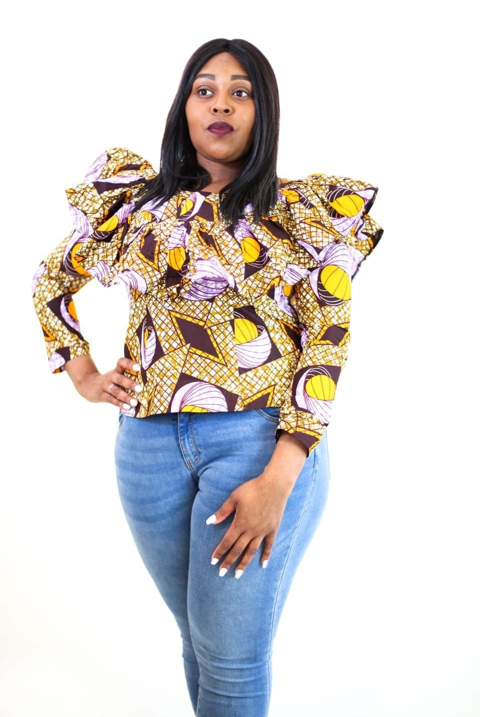 New in Ankara Wax Print Long Sleeve Ruffle Top - African Clothing from CUMO LONDON