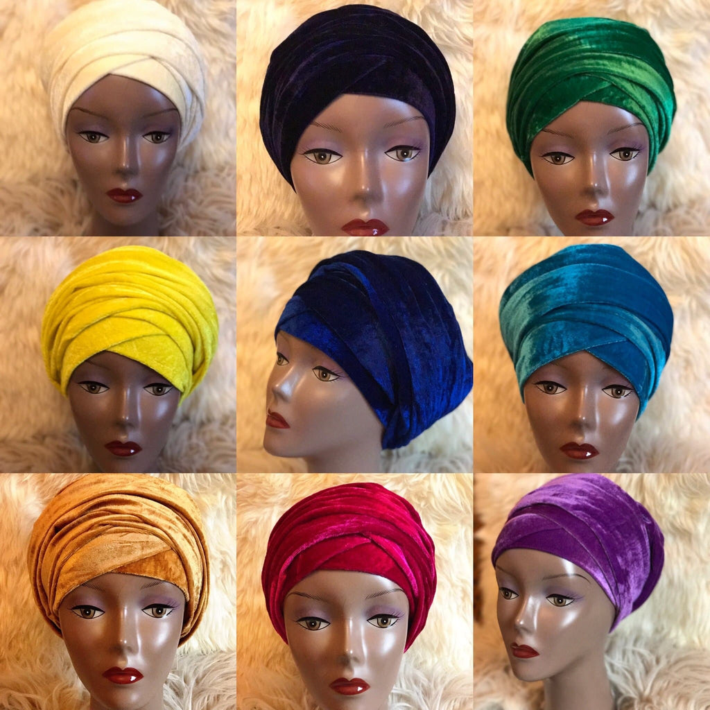 Double Velvet Turban head wrap various colours (red, white, blue, green, black) - African Clothing from CUMO LONDON