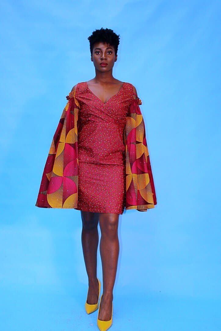 Embellished African Print Ankara Fitted Red Dress with Cut-out Sleeves - African Clothing from CUMO LONDON