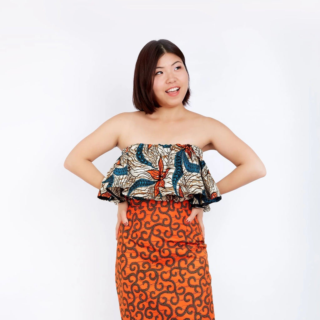 Off Shoulder African Ankara Print Top - Orange Wax Print - African Clothing from CUMO LONDON