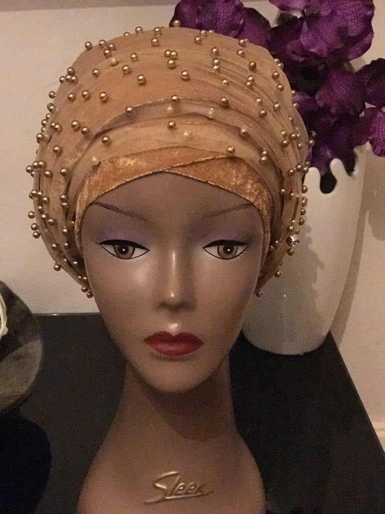 Pearl Beaded Velvet Turban Head Wrap - Extra Large - African Clothing from CUMO LONDON