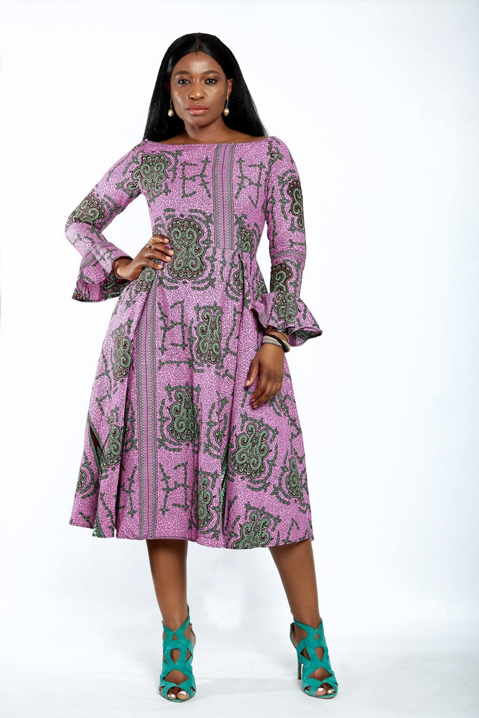 Aisha African Print Flare Midi Dress in Long sleeves - African Clothing from CUMO LONDON