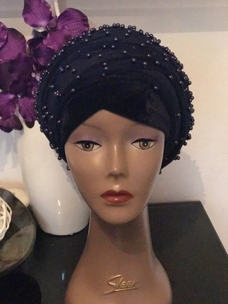Pearl Beaded Velvet Turban Head Wrap - Extra Large - African Clothing from CUMO LONDON