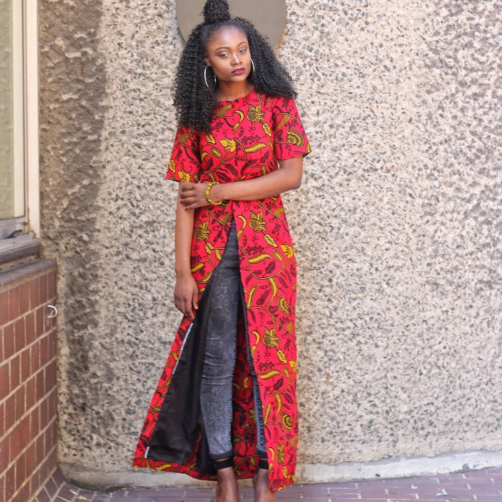 African Print Front Slit Long Blouse/Top - Red - African Clothing from CUMO LONDON