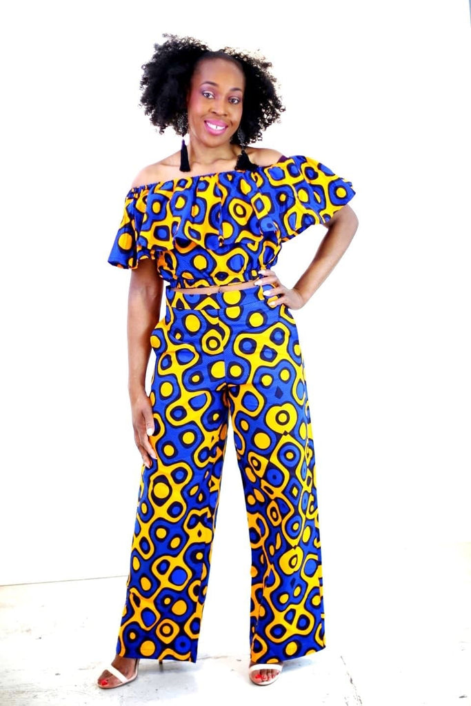 New in 2 Pcs African Print Ankara Off Shoulder Crop Top and Trouser Set - African Clothing from CUMO LONDON