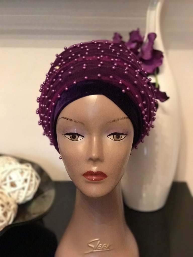 Pearl Beaded Velvet Turban Head Wrap - Extra Large - African Clothing from CUMO LONDON