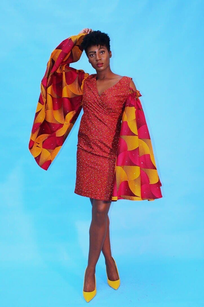 Embellished African Print Ankara Fitted Red Dress with Cut-out Sleeves - African Clothing from CUMO LONDON
