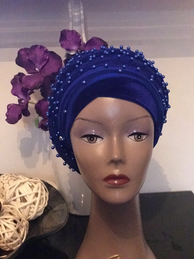 Navy Blue Mesh Net Full beaded Double hand or Extra Large Velvet Turban Headwrap Hijab - African Clothing from CUMO LONDON