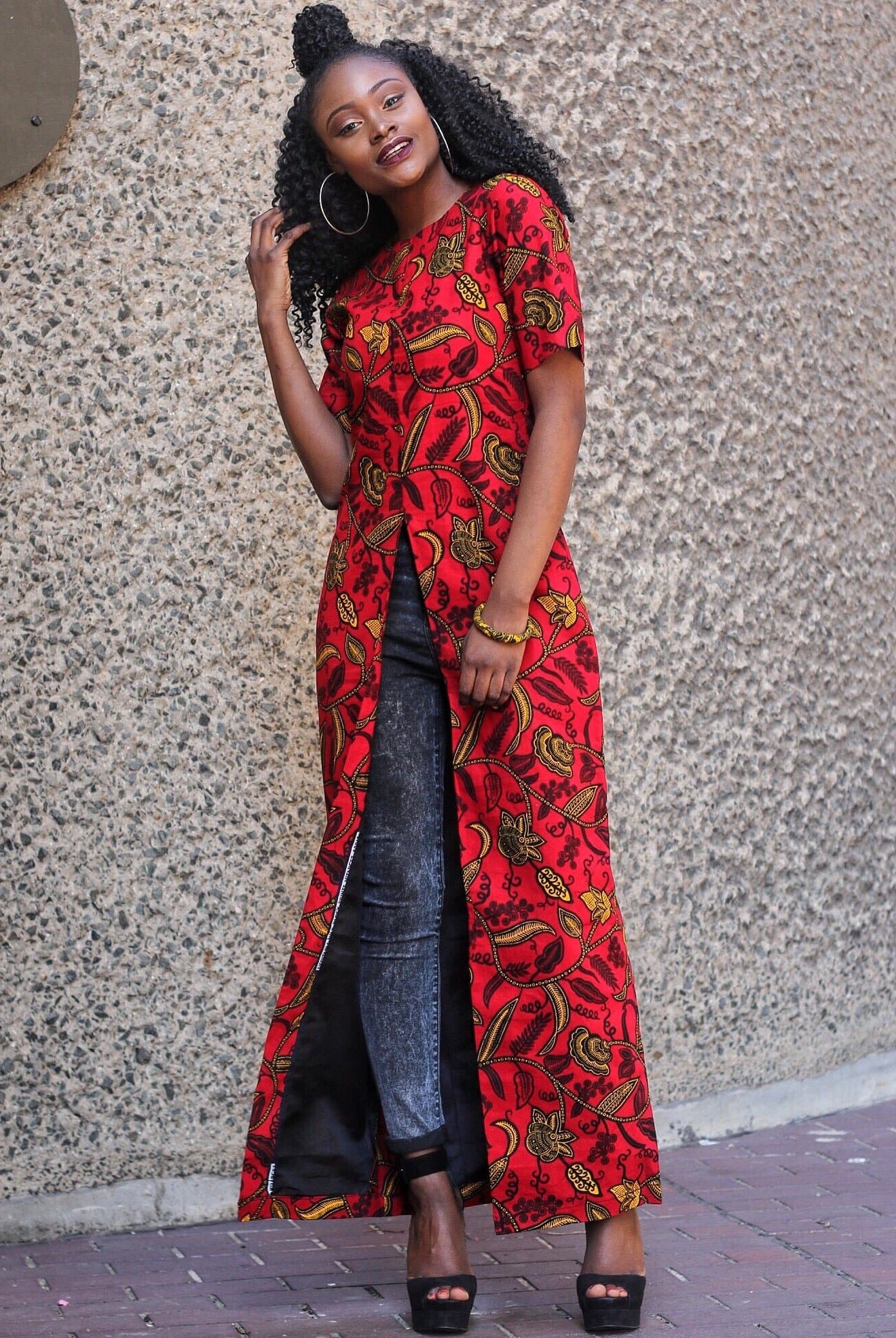 African Print Front Slit Long Blouse/Top - Red - African Clothing from CUMO LONDON