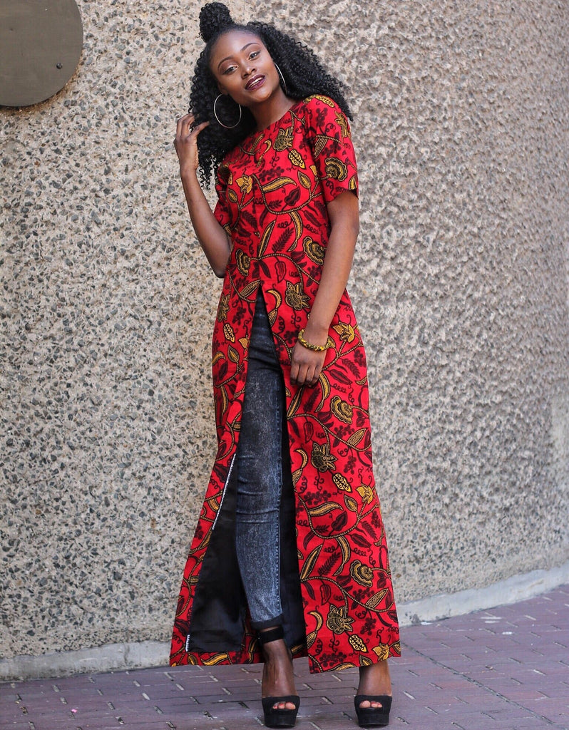 African Print Front Slit Long Blouse/Top - Red - African Clothing from CUMO LONDON