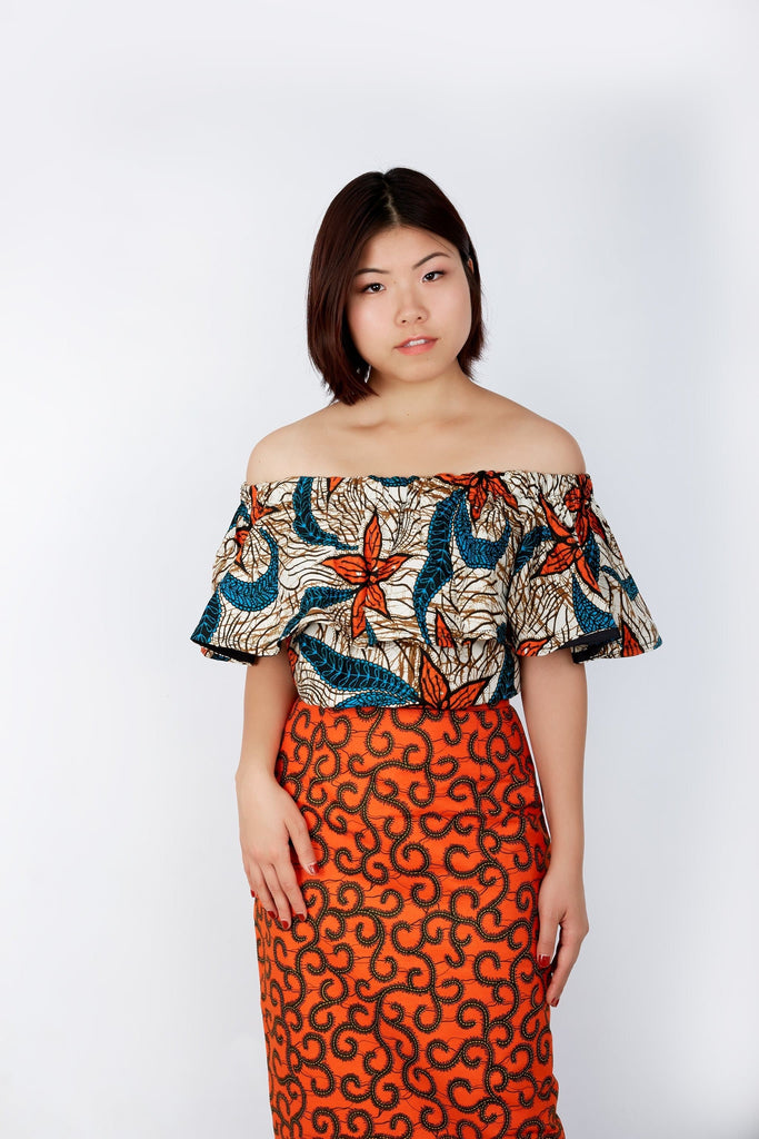 Off Shoulder African Ankara Print Top - Orange Wax Print - African Clothing from CUMO LONDON