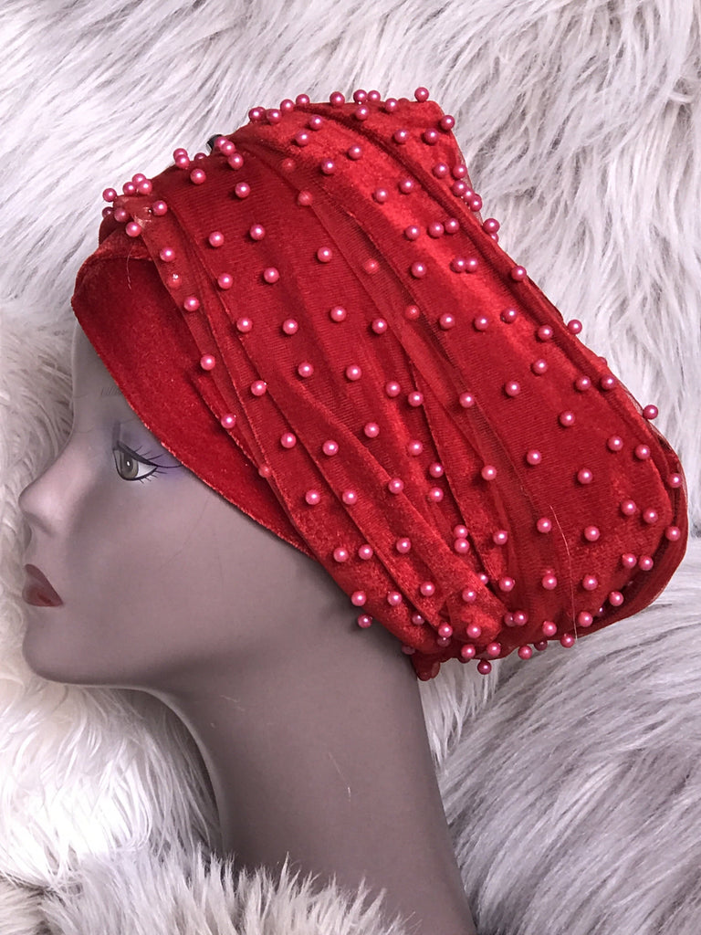 Red Beaded Mesh Velvet Head wrap ( Extra Long Scarf) - African Clothing from CUMO LONDON