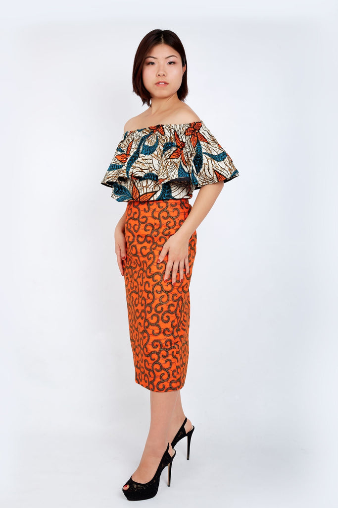 Off Shoulder African Ankara Print Top - Orange Wax Print - African Clothing from CUMO LONDON