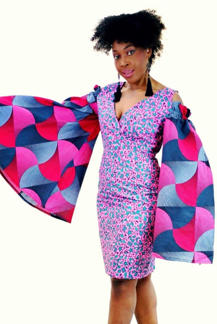 Rikka - Embellished Pink African Print Ankara Fitted Dress with Cut-out Sleeves - African Clothing from CUMO LONDON