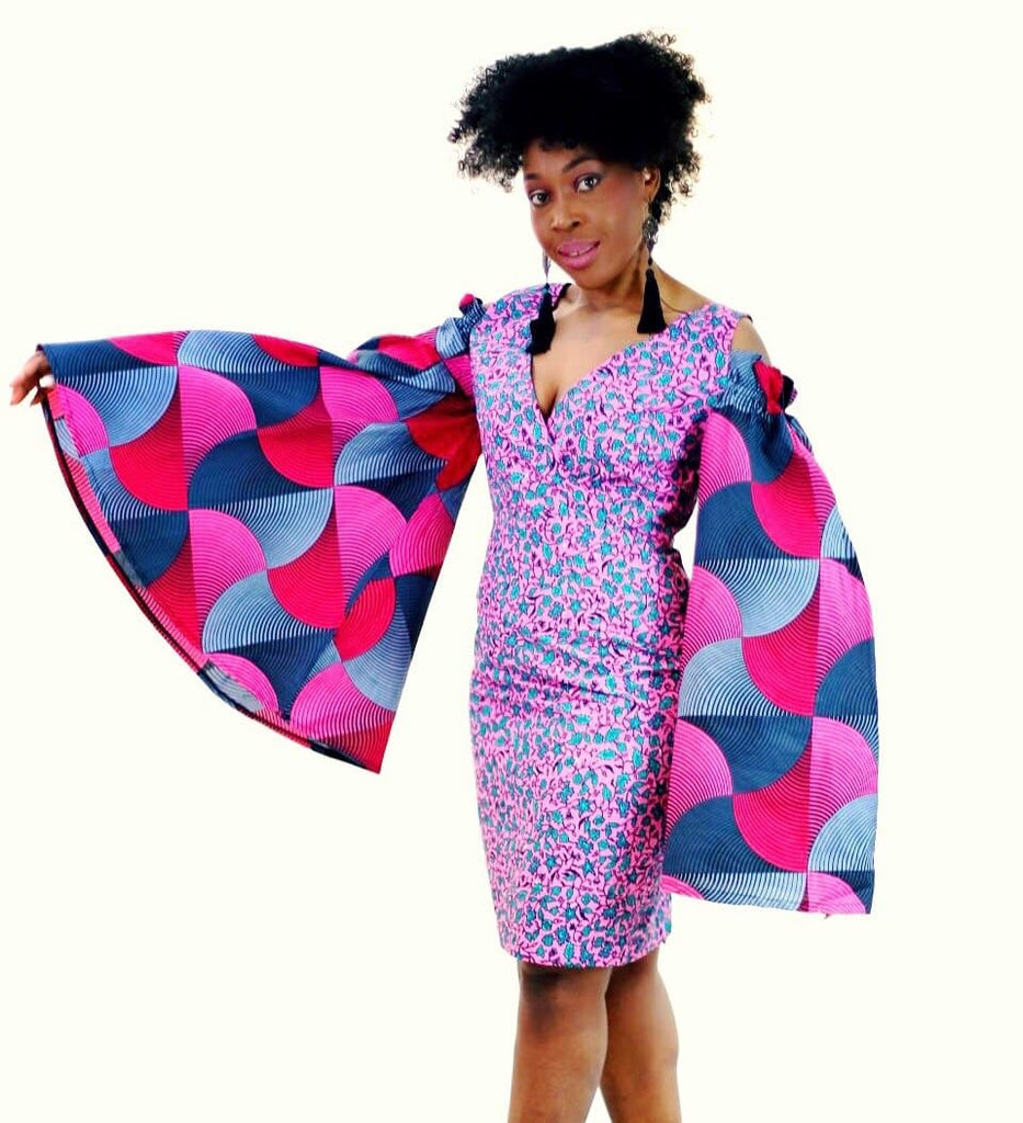 Rikka - Embellished Pink African Print Ankara Fitted Dress with Cut-out Sleeves - African Clothing from CUMO LONDON