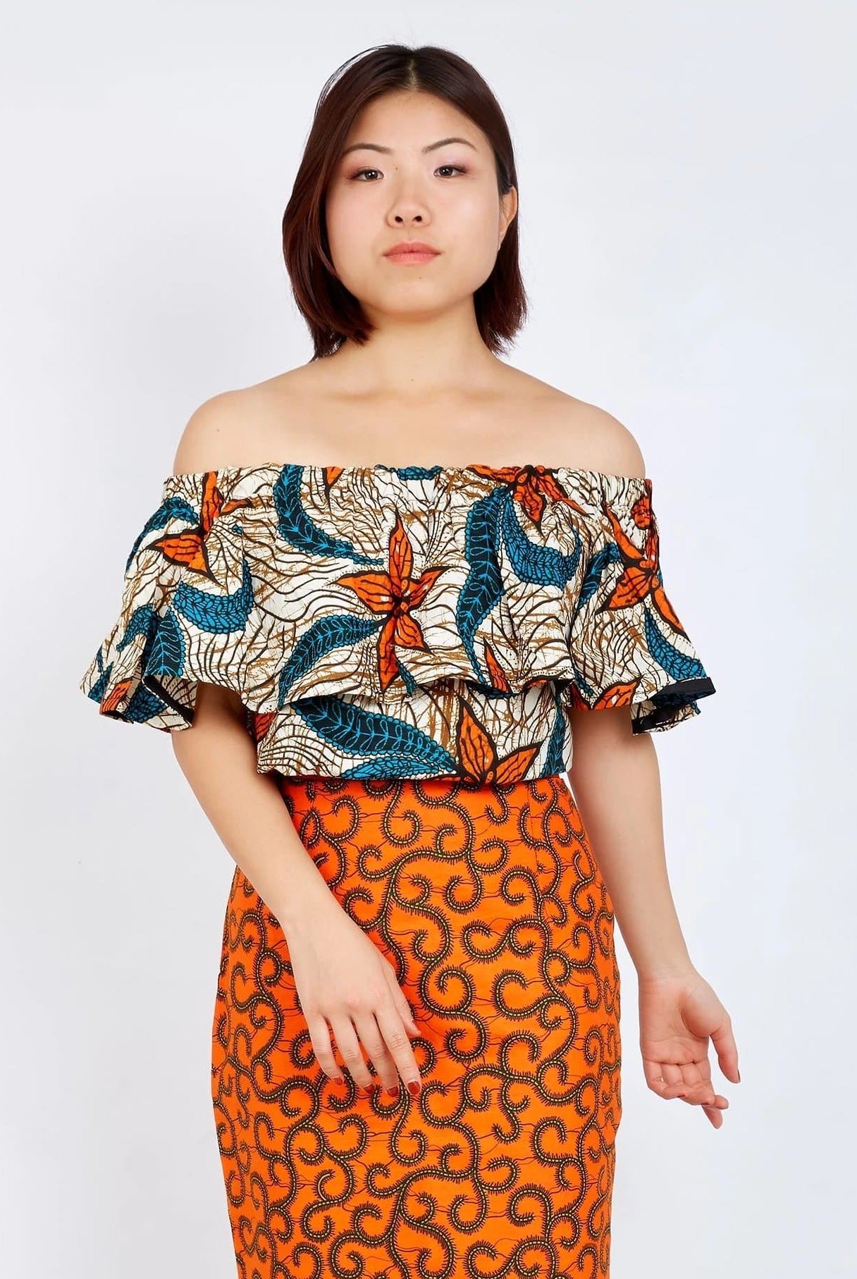 Off Shoulder African Ankara Print Top - Orange Wax Print - African Clothing from CUMO LONDON