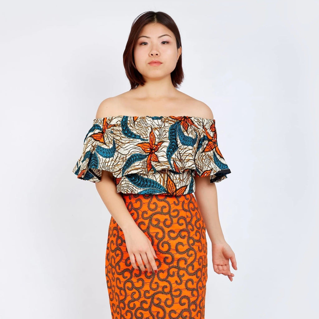 Off Shoulder African Ankara Print Top - Orange Wax Print - African Clothing from CUMO LONDON