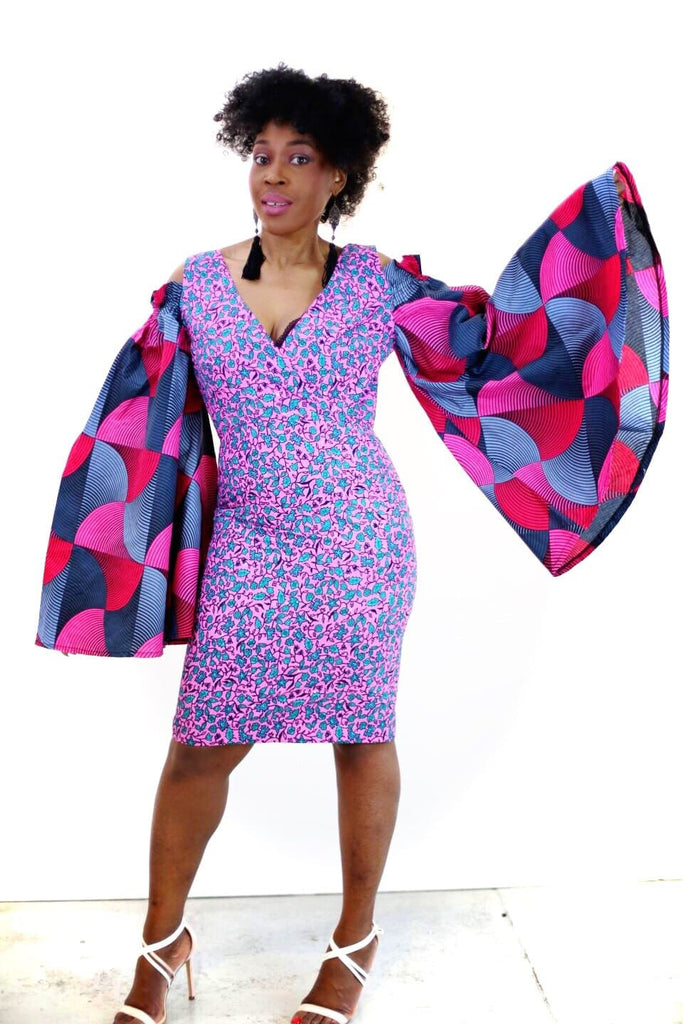Rikka - Embellished Pink African Print Ankara Fitted Dress with Cut-out Sleeves - African Clothing from CUMO LONDON