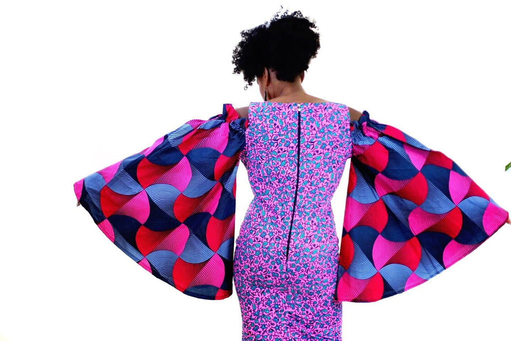 Rikka - Embellished Pink African Print Ankara Fitted Dress with Cut-out Sleeves - African Clothing from CUMO LONDON