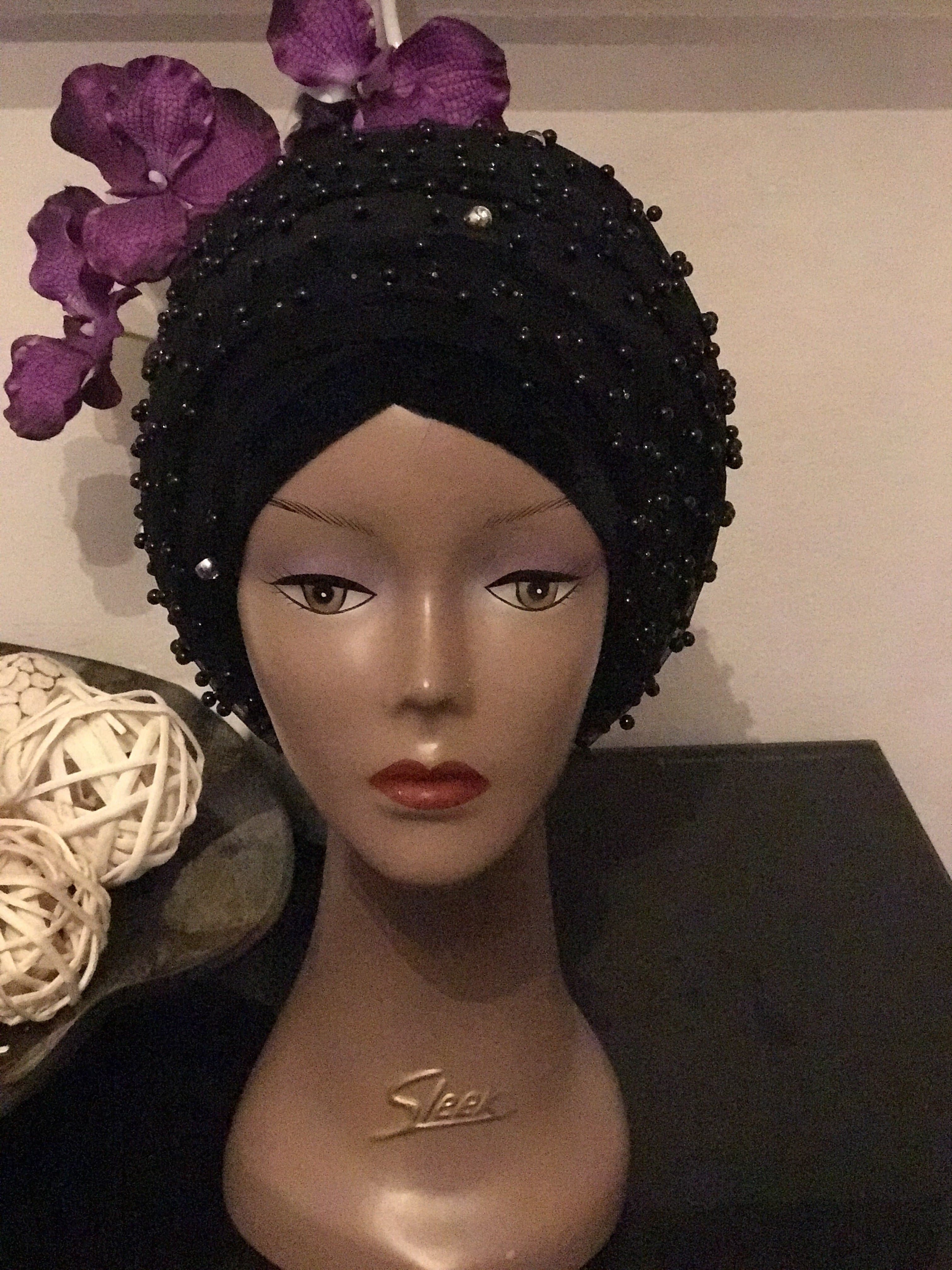 Navy Blue Mesh Net Full beaded Double hand or Extra Large Velvet Turban Headwrap Hijab - African Clothing from CUMO LONDON