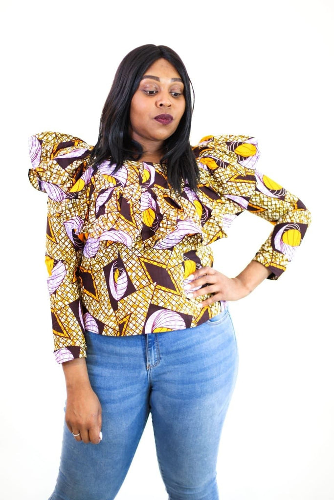 New in Ankara Wax Print Long Sleeve Ruffle Top - African Clothing from CUMO LONDON