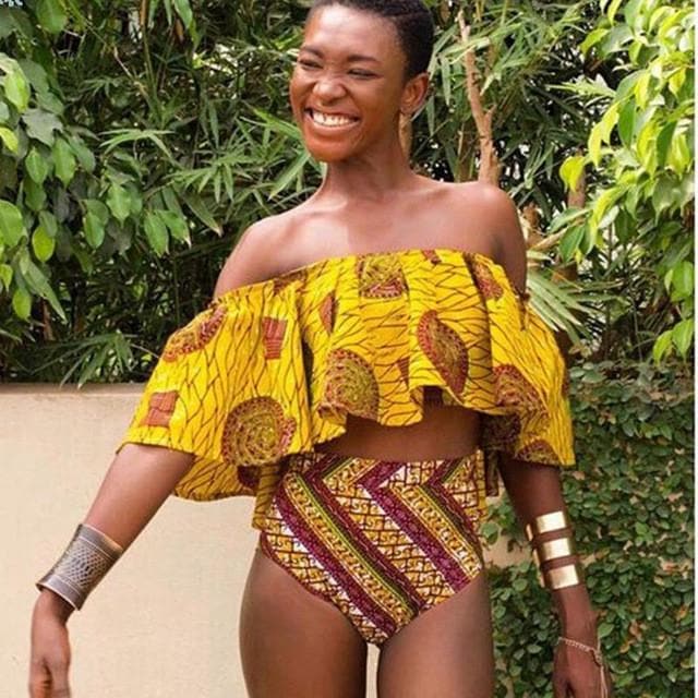 African print high waisted bikini off shoulder swimsuit - African Clothing from CUMO LONDON