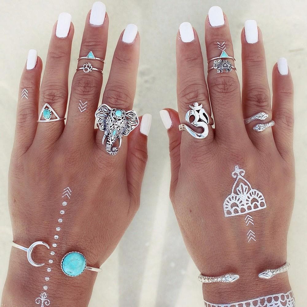 8pcs Boho Retro Elephant Snake Blue Rings - African Clothing from CUMO LONDON