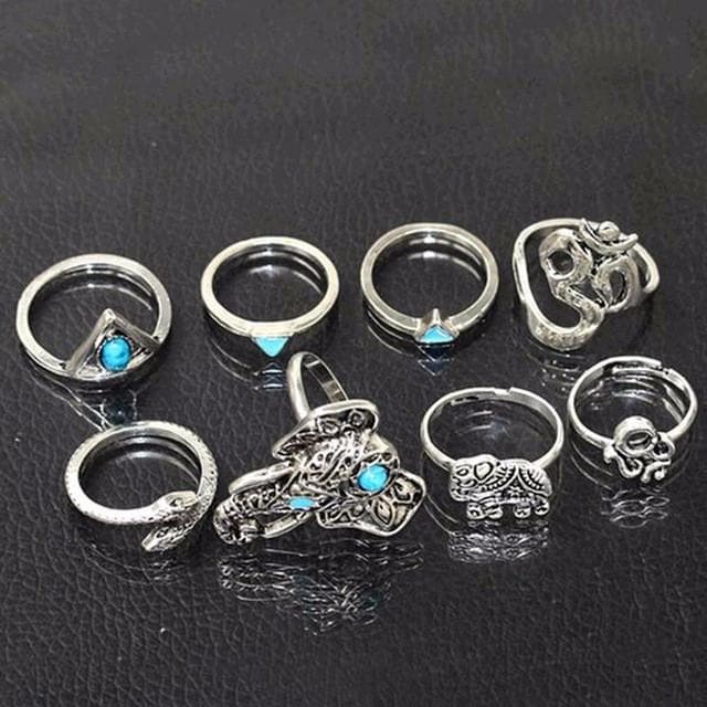 8pcs Boho Retro Elephant Snake Blue Rings - African Clothing from CUMO LONDON